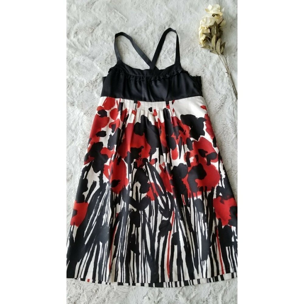 ✨️CL Kensie Pretty Silk Black White Red Poppy Floral Print Sleeveless Dress Sz M
